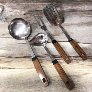 Vintage Prestige Rostfrei Inox 4pc Utensil Set Ladles Spatula Fork Wood Look